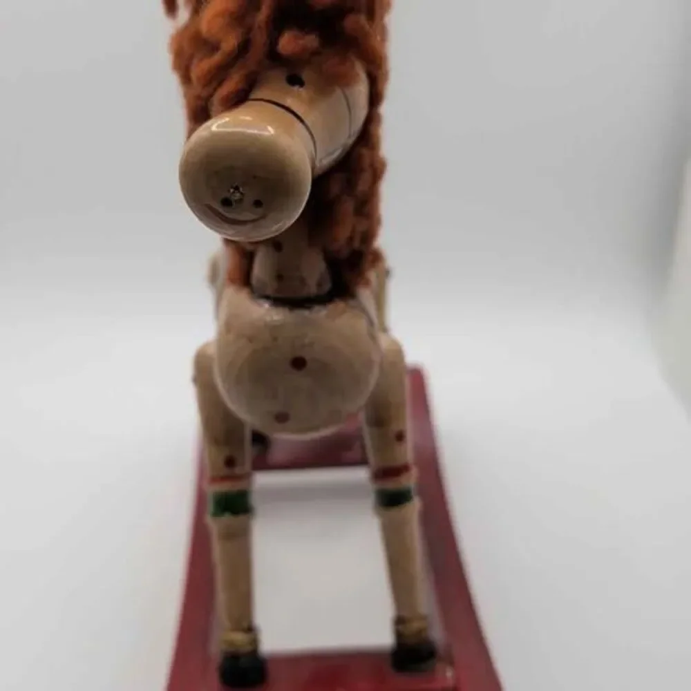 Vintage 1980 Wooden Rocking Horse Christmas Ornament Hand Painted Yarn Mane